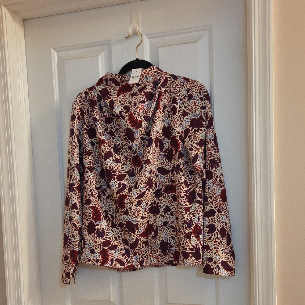 Ann Taylor Burgundy & Cream Floral Blouse With  Back Zipper Small